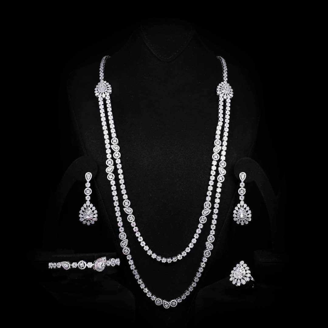 Omnia Ahad Bridal White Long Chain Set In Rhodium Plated With High Quality Zircon Stones - OMNIASTORES UAE