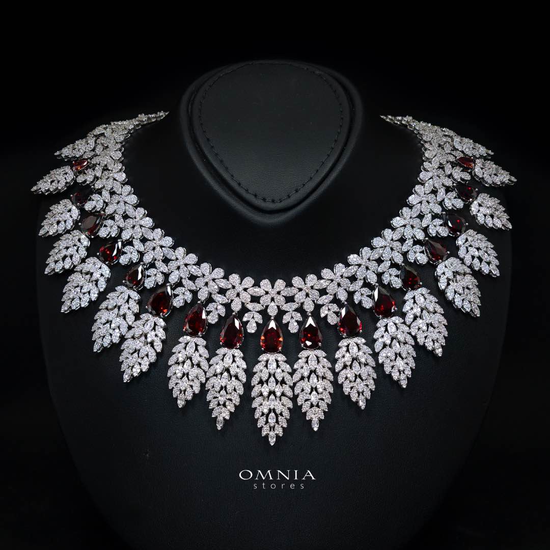 Omnia Asrar Red Bridal Full Set in High Quality Zircon Stone Rhodium Plated - OMNIASTORES KSA