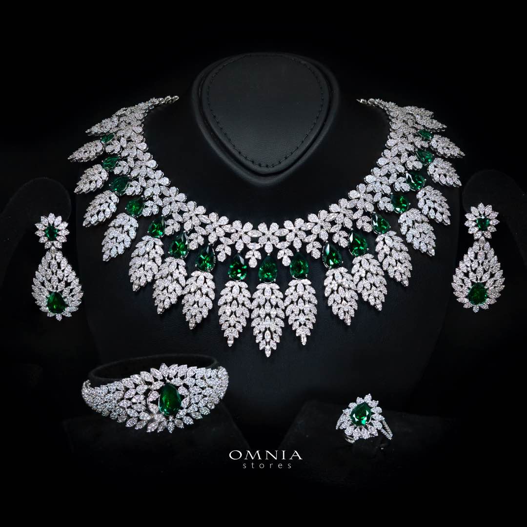 Omnia Asrar Green Bridal Full Set in High Quality Zircon Stone Rhodium Plated - OMNIASTORES KSA