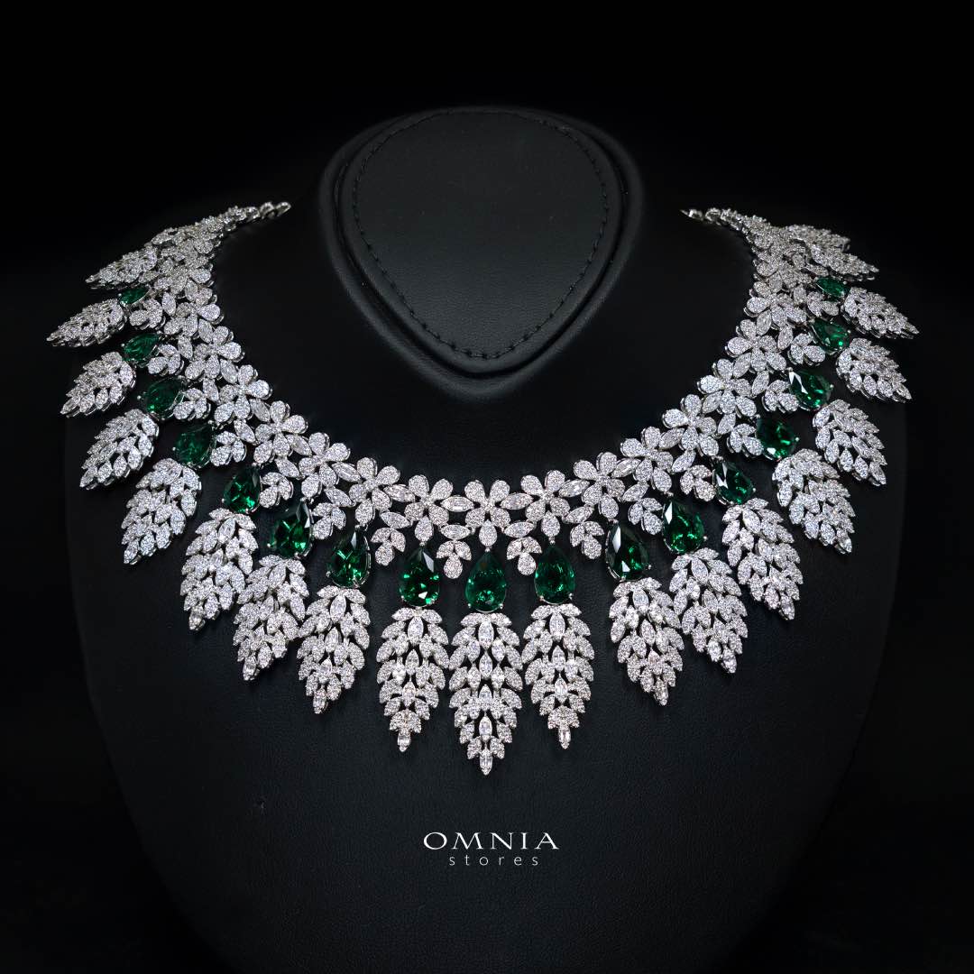 Omnia Asrar Green Bridal Full Set in High Quality Zircon Stone Rhodium Plated - OMNIASTORES KSA