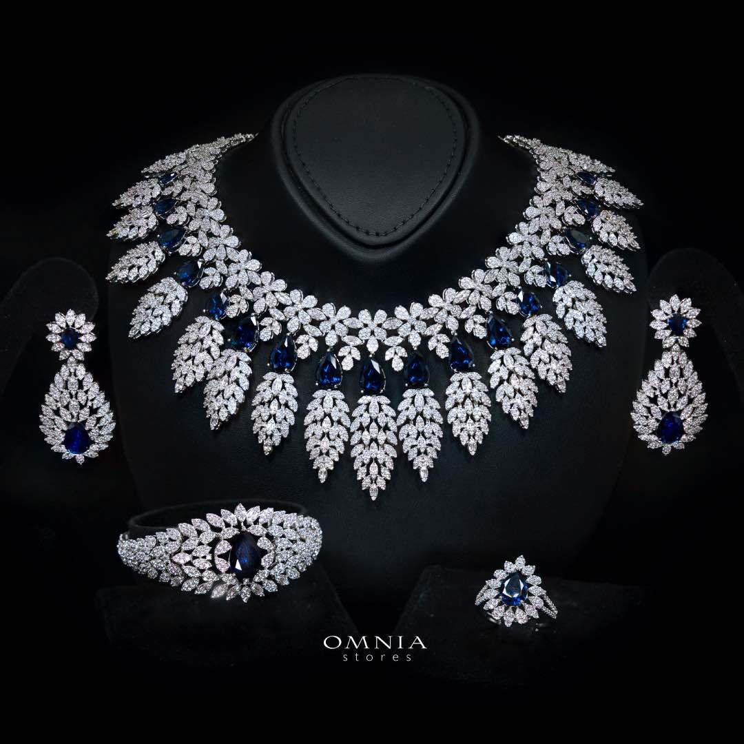 Omnia Asrar Blue Bridal Full Set in High Quality Zircon Stone Rhodium Plated - OMNIASTORES KSA