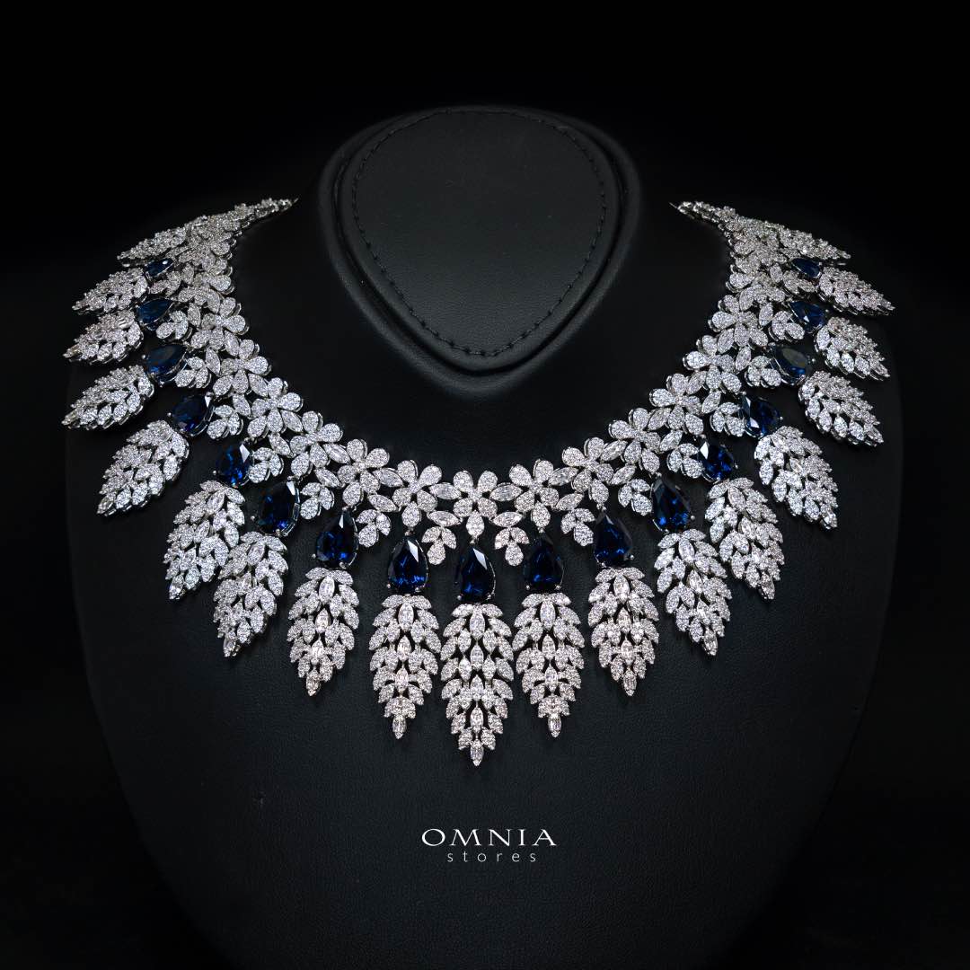 Omnia Asrar Blue Bridal Full Set in High Quality Zircon Stone Rhodium Plated - OMNIASTORES KSA