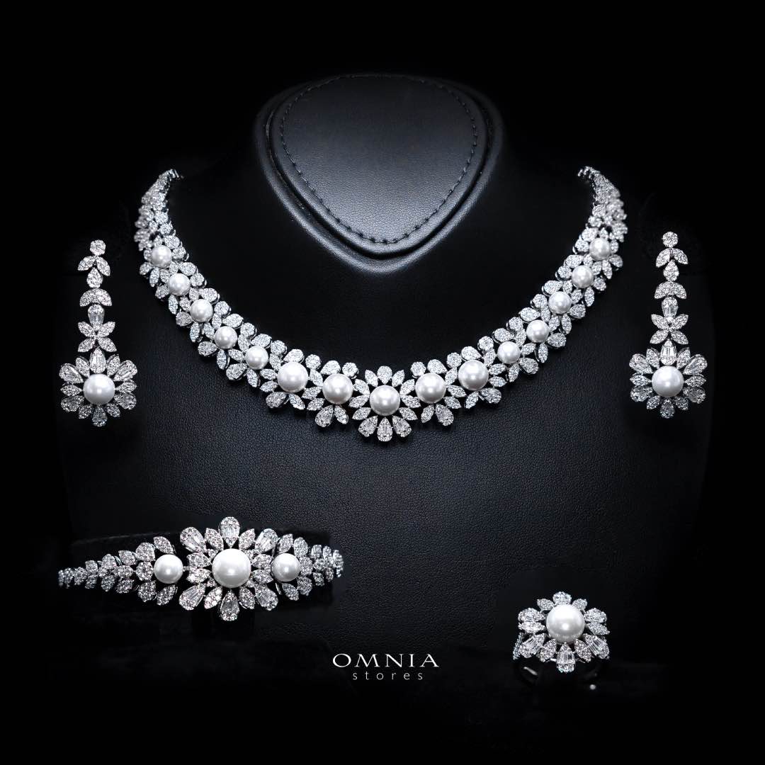 Omnia Rukaya Floral Pearl Luxury Bridal Full Set – High-Quality Zircon & Rhodium Plated Jewelry - OMNIASTORES KSA