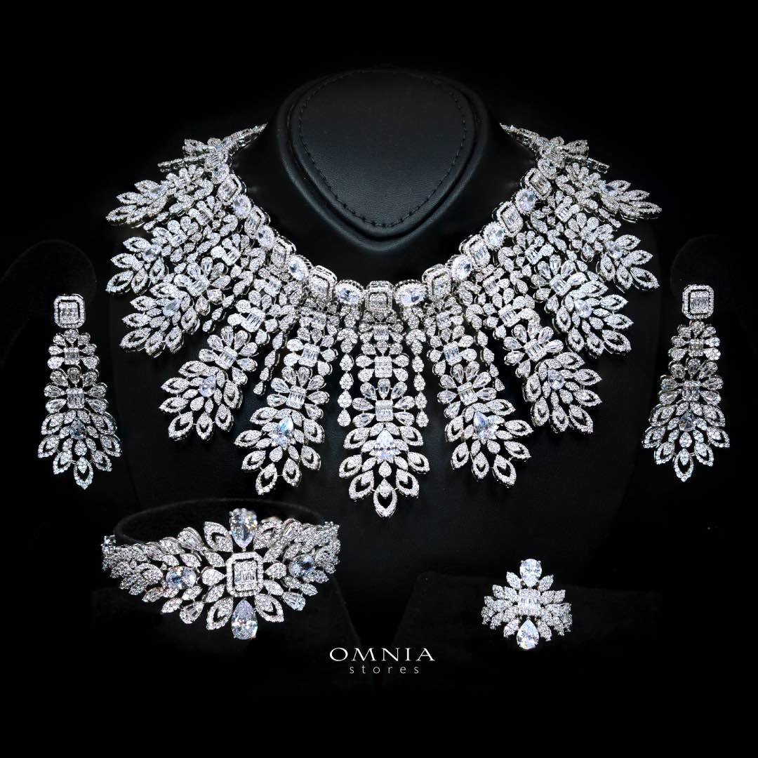Omnia Athar White Luxury Bridal Full Set in High Quality Zircon Stone Rhodium Plated - OMNIASTORES KSA