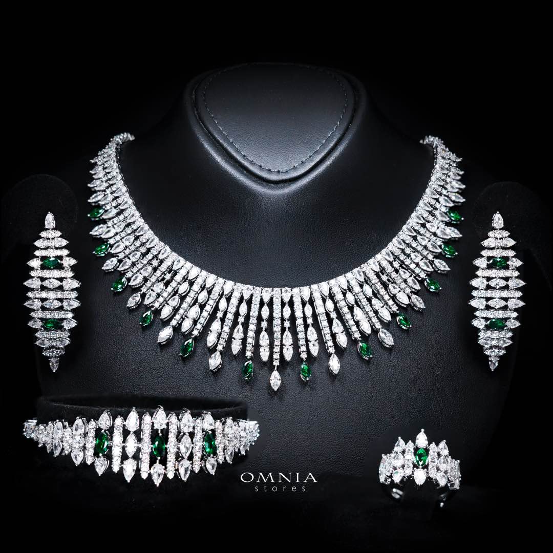Omnia Lana Green Bridal Full Set in High Quality Zircon Stone Rhodium Plated - OMNIASTORES KSA