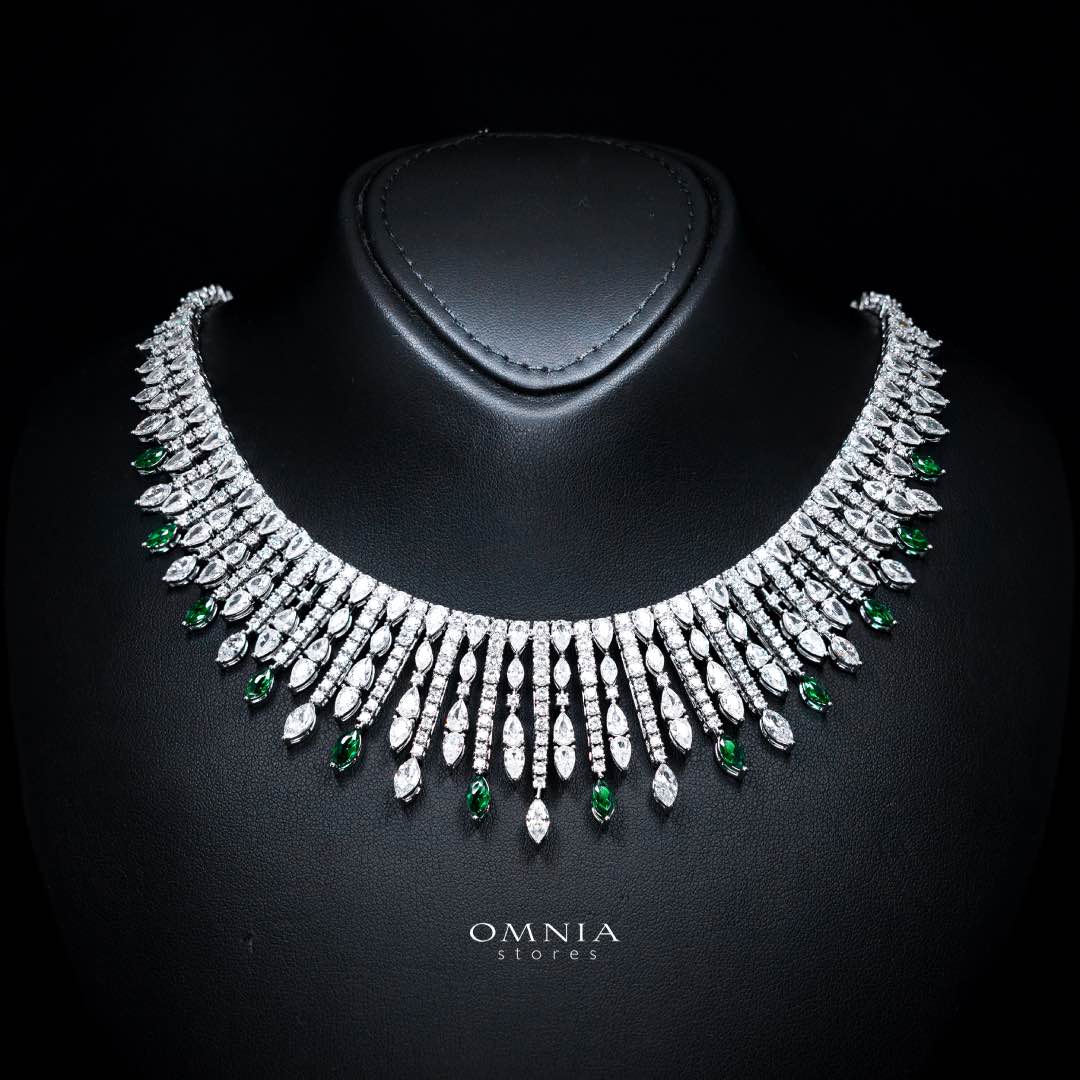 Omnia Lana Green Bridal Full Set in High Quality Zircon Stone Rhodium Plated - OMNIASTORES KSA
