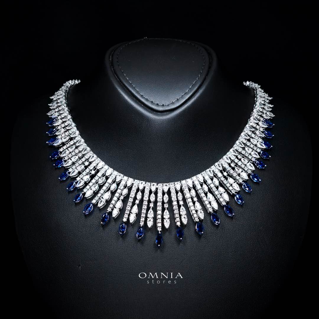 Omnia Lana Blue Bridal Full Set in High Quality Zircon Stone Rhodium Plated - OMNIASTORES KSA