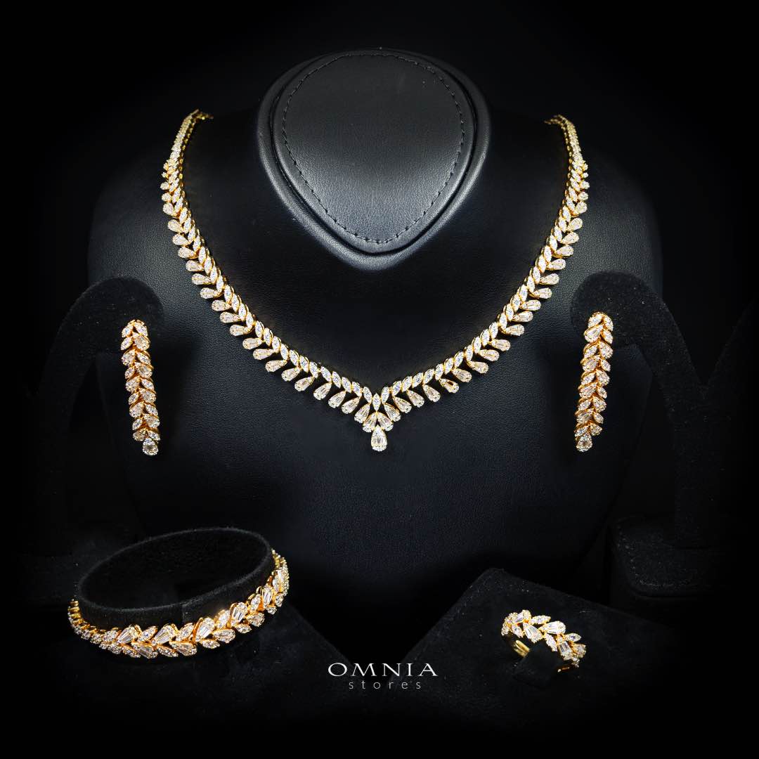 Omnia Aseel Gold Bridal Full Set Accessories in High Quality Zircon Stone Premium Rhodium Plated - OMNIASTORES UAE
