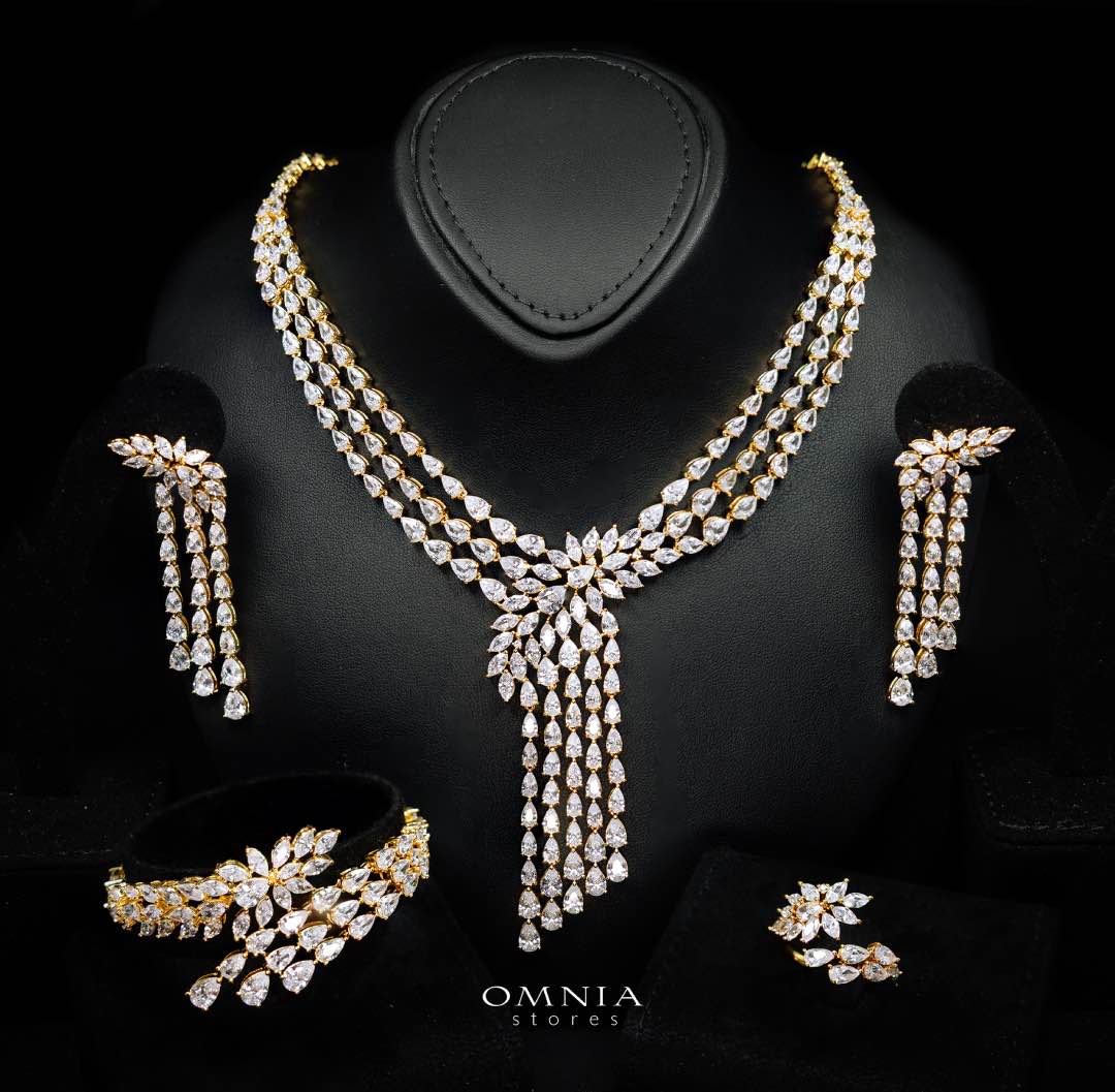 Omnia Rahaf Golden Bridal Full Set in High Quality Zircon Stone in Rhodium Plated - OMNIASTORES KSA