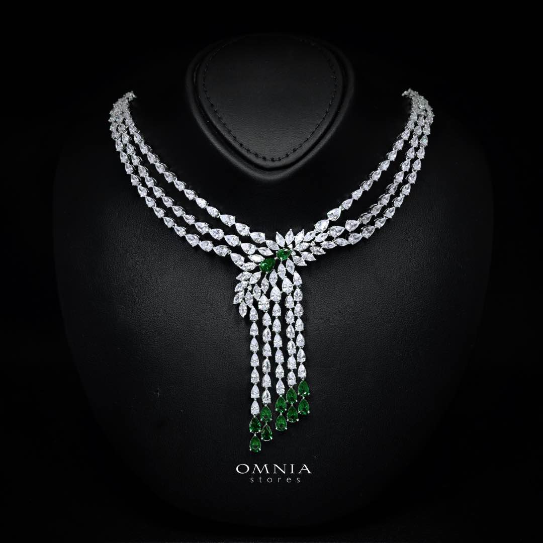 Omnia Rahaf Green Bridal Full Set in High Quality Zircon Stone in Rhodium Plated - OMNIASTORES KSA