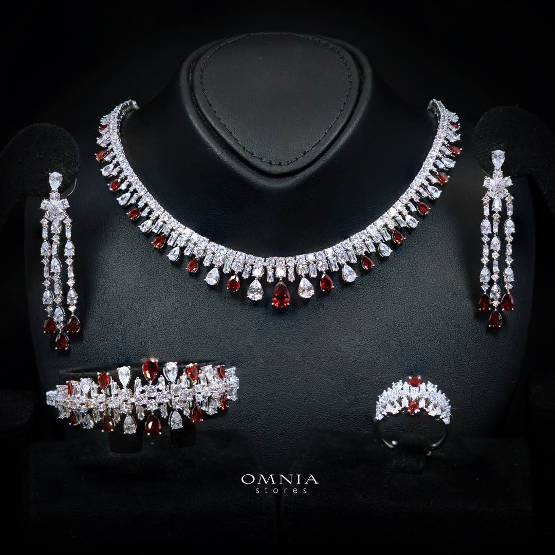 Omnia Nisrine Red Bridal Full Set Accessories in High Quality Zircon Stone Premium Rhodium Plated - OMNIASTORES UAE