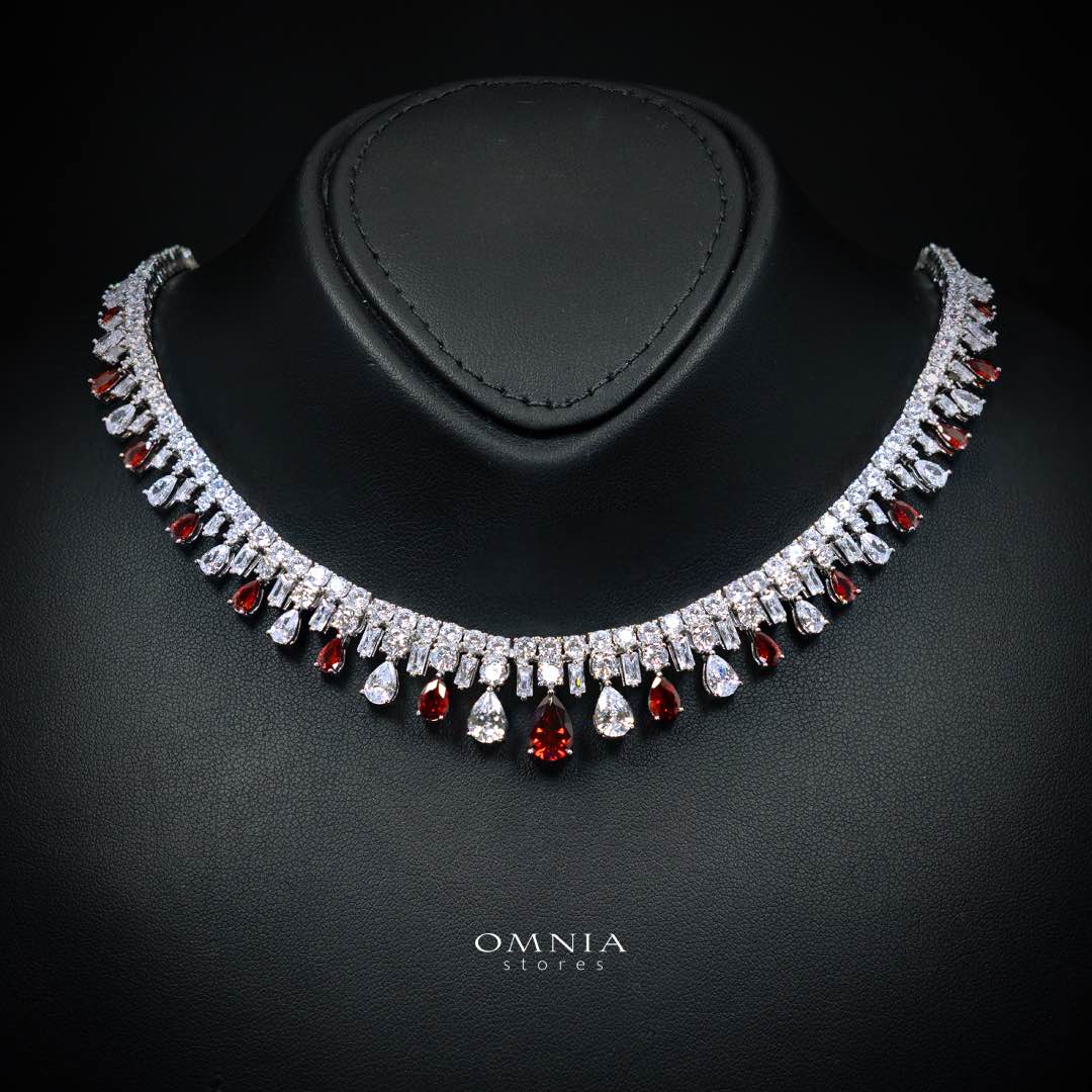 Omnia Nisrine Red Bridal Full Set Accessories in High Quality Zircon Stone Premium Rhodium Plated - OMNIASTORES UAE