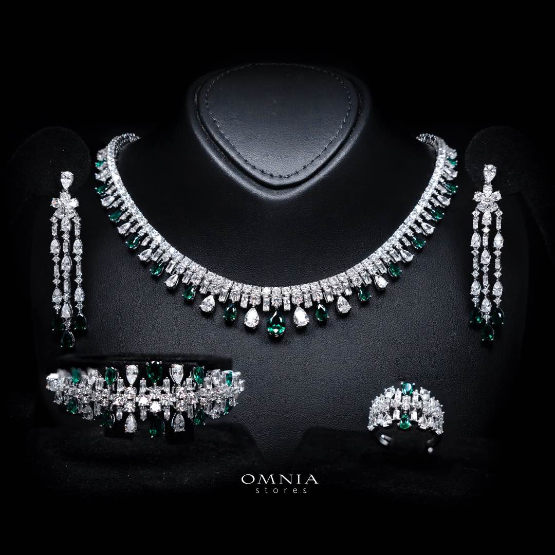 Omnia Nisrine Green Luxury Bridal Full Set in High Quality Zircon Stone Rhodium Plated - OMNIASTORES KSA