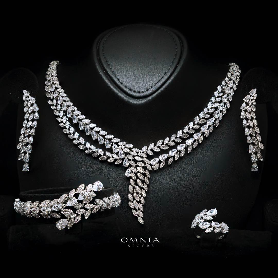 Omnia Yasira Leaf-Design White Luxury Bridal Full Set in High Quality Zircon Stone Rhodium Plated - OMNIASTORES KSA