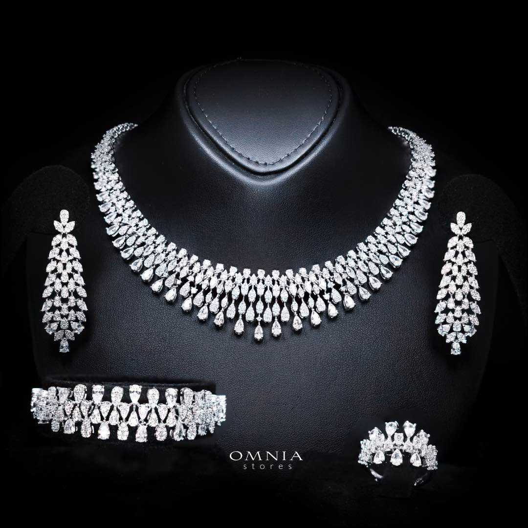 Omnia Nazeera White Bridal Full Set in High Quality Zircon Stone Premium Rhodium Plated