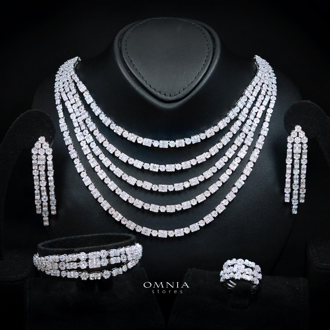 Omnia Abby White Layered Luxury Bridal Full Set in High Quality Rhodium Plated Zircon Stones - OMNIASTORES KSA