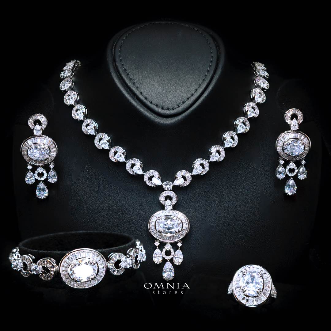 Omnia Hayah White Bridal Full Set in High Quality Zircon Stone in Rhodium Plated - OMNIASTORES KSA