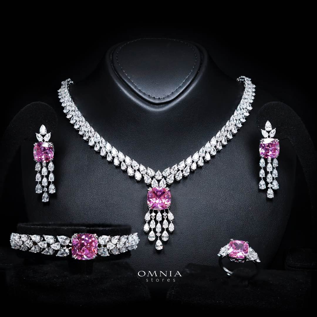 Nazaha Bridal Full Set in Rhodium Plated with High Quality White and Pink Zircon Stones