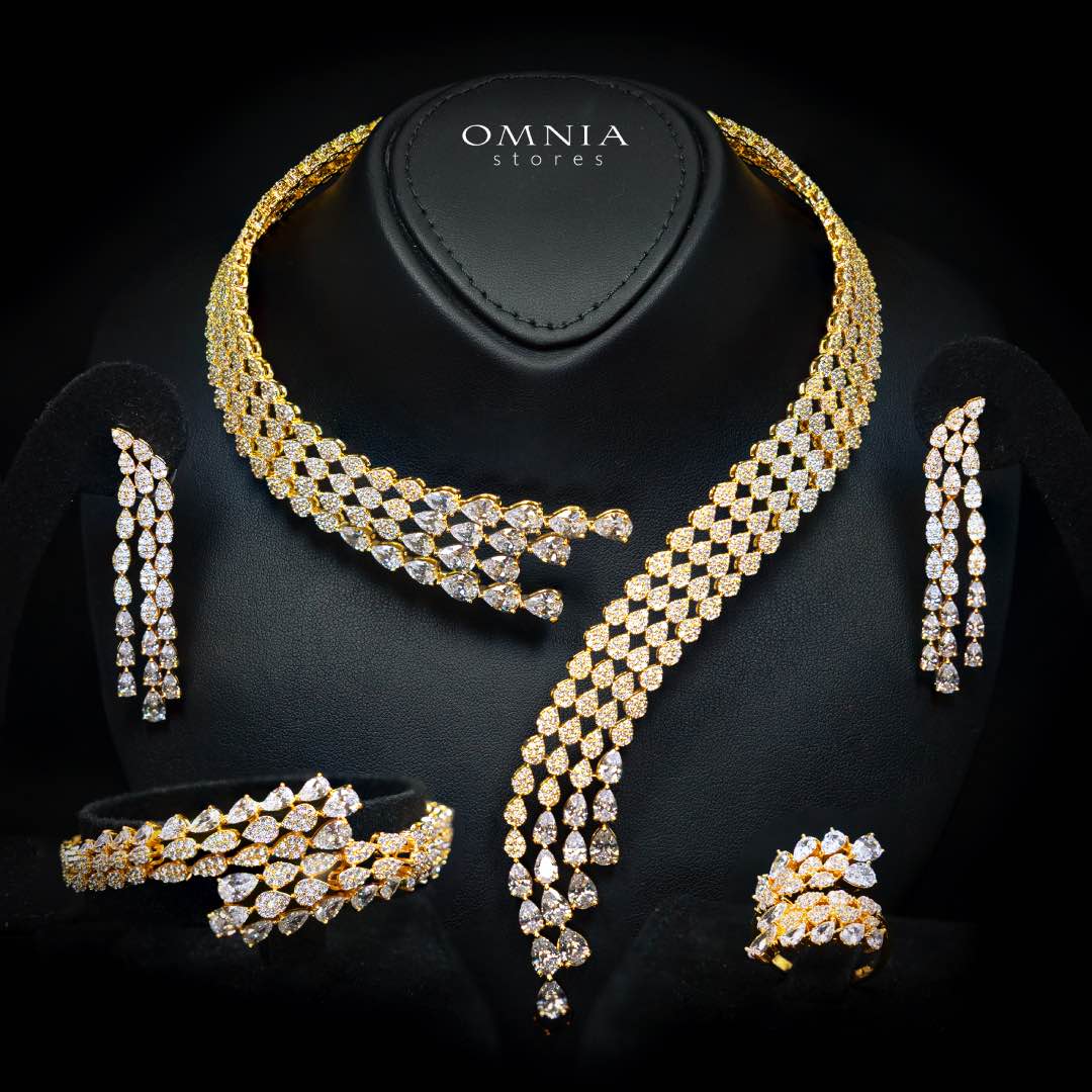 Omnia Amrah Luxury Bridal White and Gold Full Set in High Quality Zircon Stone Premium Rhodium Plated