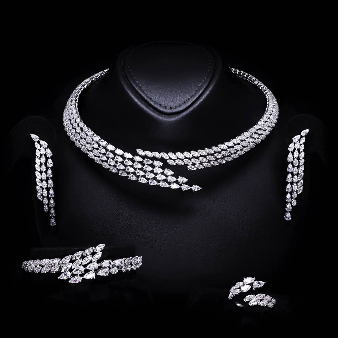 Omnia Kalina Luxury White Choker Bridal Full Set in High Quality Zircon Stone Premium Rhodium Plated - OMNIASTORES KSA