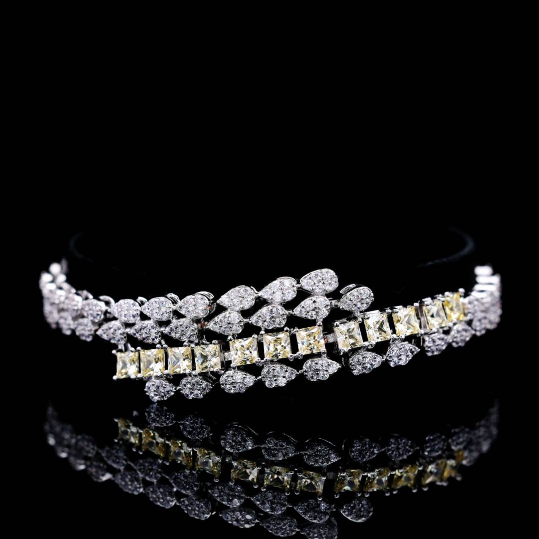 Omnia Trinity Yellow Luxury Bridal Full Set in High Quality Simulated Diamonds Premium Rhodium Plated