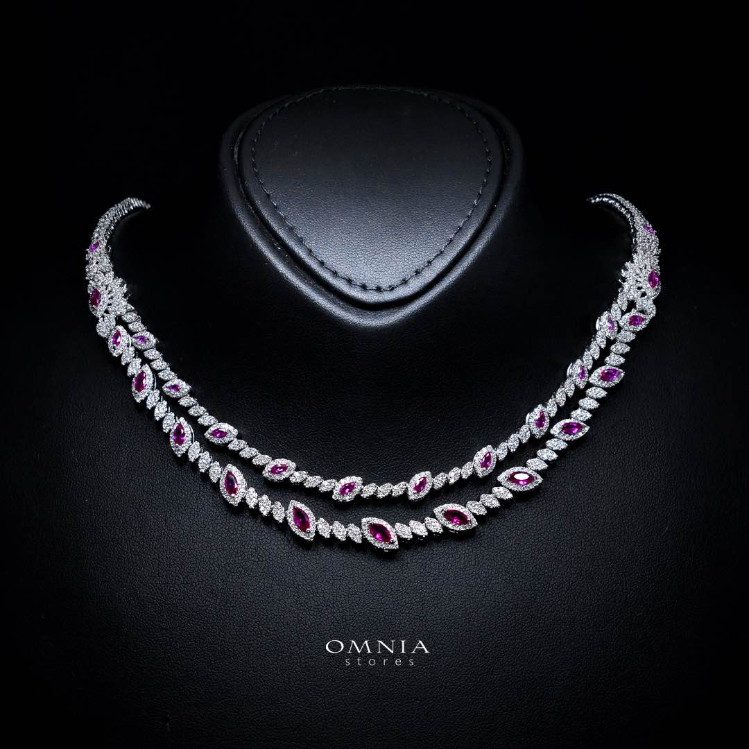 Omnia Nada Maroon Bridal Full Set in High Quality Zircon Stone Rhodium Plated - OMNIASTORES KSA