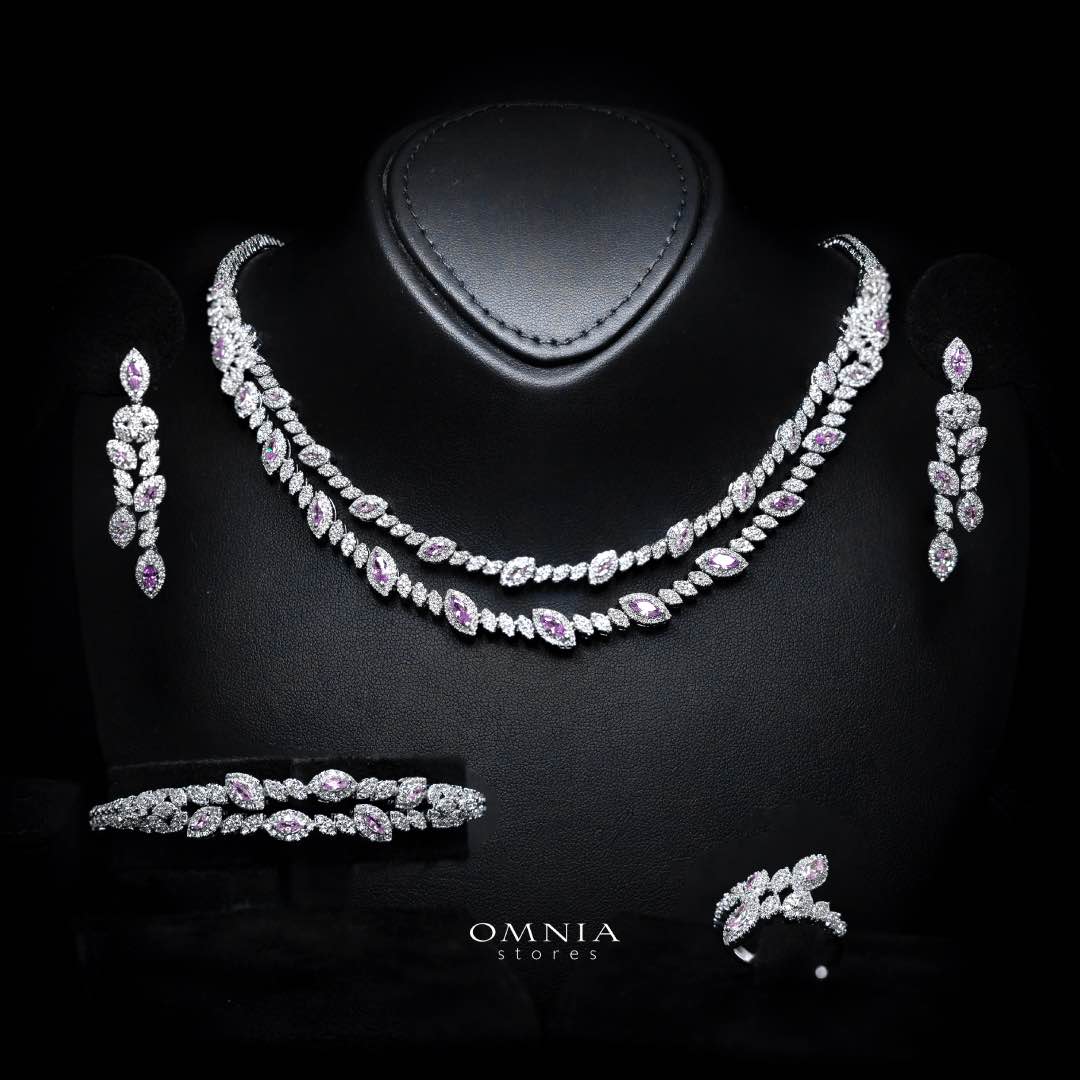 Omnia Nada Pink Bridal Full Set in High Quality Zircon Stone Rhodium Plated - OMNIASTORES KSA