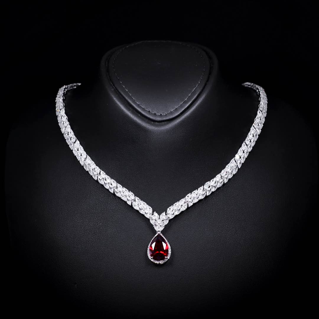 Omnia Aamira Teardrop-Design Bridal Red Full Set with High Quality Zircon Stone Premium Rhodium Plated (Size 18cm Ring Size 7 Only available in KSA) - OMNIASTORES UAE