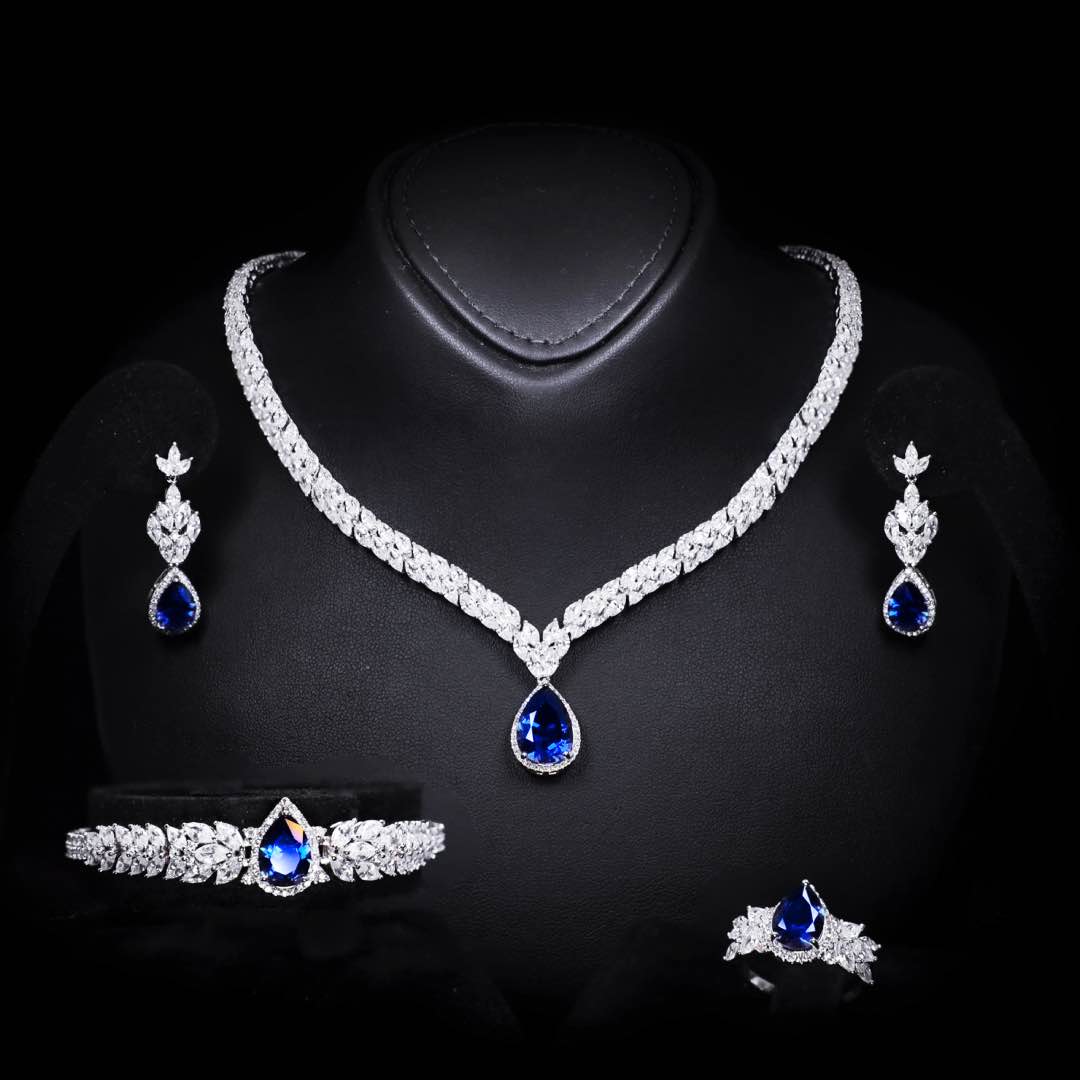 Omnia Aamira Teardrop-Design Bridal Navy Blue Full Set with High Quality Zircon Stone Premium Rhodium Plated - OMNIASTORES KSA