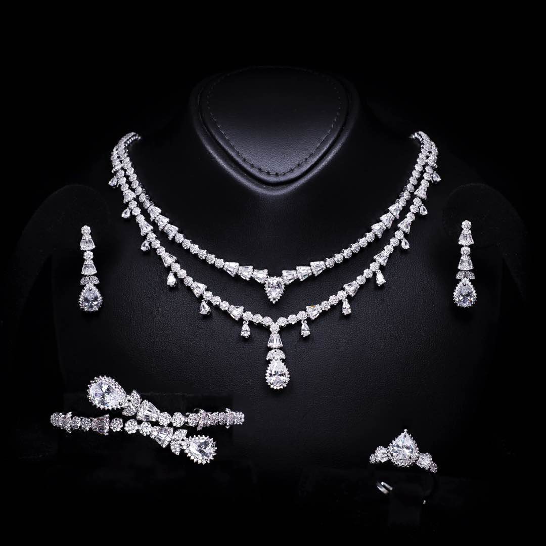Omnia Ghada White Luxury Bridal Full Set Accessories in High Quality Zircon Stone Premium Rhodium Plated - OMNIASTORES KSA