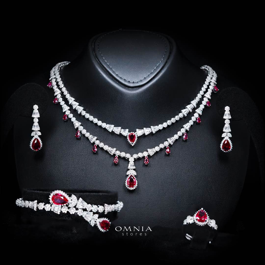 Omnia Ghada Red Bridal Full Set with Rhodium Plated in High Quality Zircon Stone Premium Rhodium Plated (Size 16 Only Available in KSA) - OMNIASTORES UAE