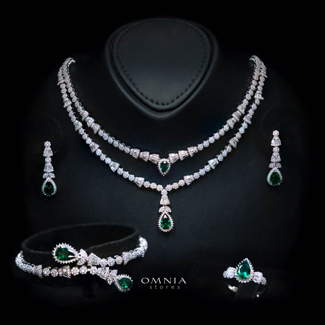 Omnia Ethereal Green Drop-Down Pear Shape Full Set in Rhodium Plated - OMNIASTORES UAE