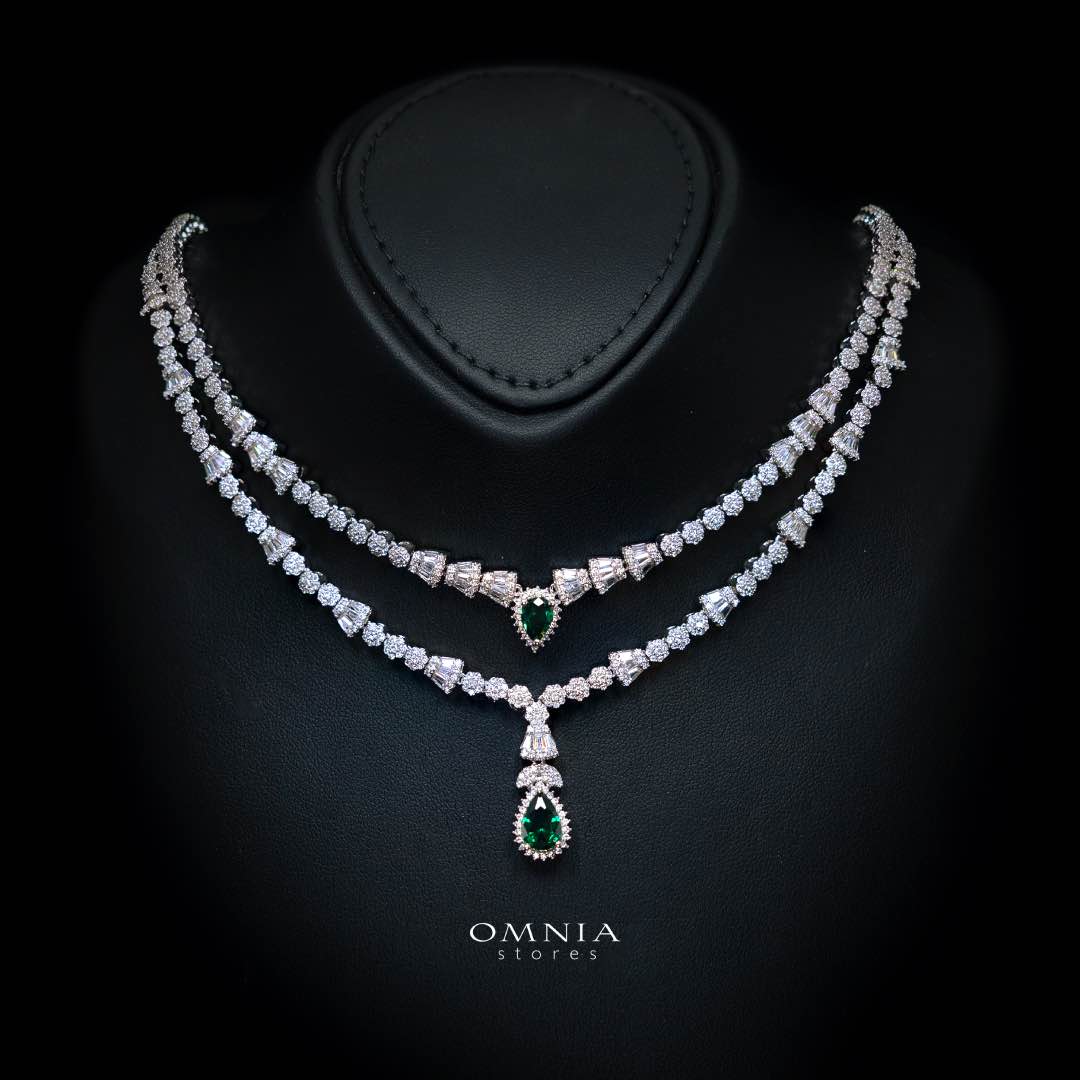 Omnia Ethereal Green Drop-Down Pear Shape Full Set in Rhodium Plated - OMNIASTORES UAE