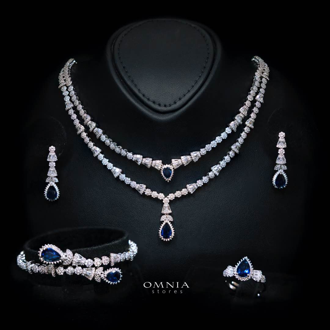 Omnia Ethereal Blue Drop-Down Pear Shape Full Set in High Quality Zircon Stone Premium Rhodium Plated - OMNIASTORES UAE