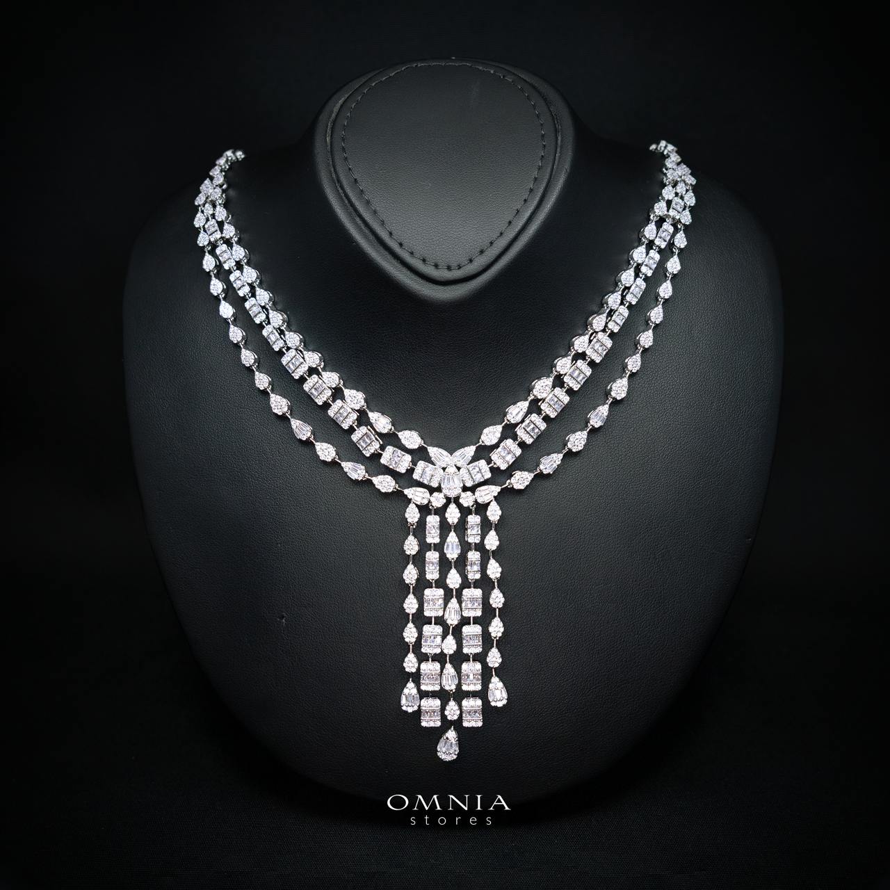 Zahida Elegant White Cascading Tassel Chandelier Bridal Full Set with Premium Zircon Stones, Rhodium-Plated Finish - OMNIASTORES KSA