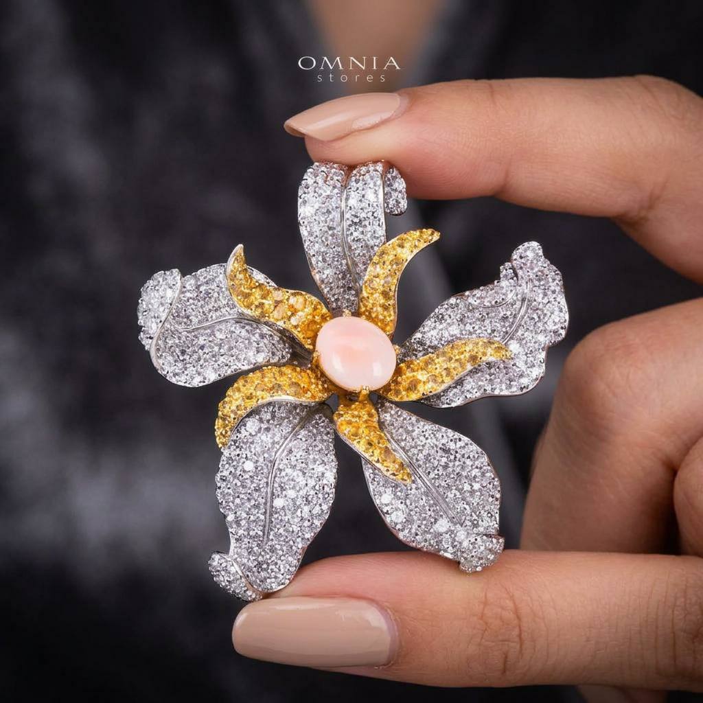 Omnia Afreen Gold Flower Brooch in 925 Silver High Quality Simulated Diamond Stones With Pink Coral - OMNIASTORES KSA
