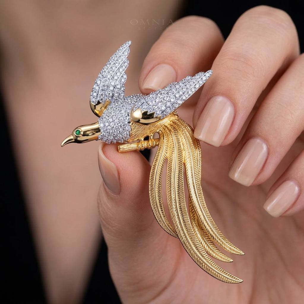 Omnia Aiman Silver and Gold Bird Brooch in 925 Silver High Quality Simulated Diamond Stones - OMNIASTORES KSA