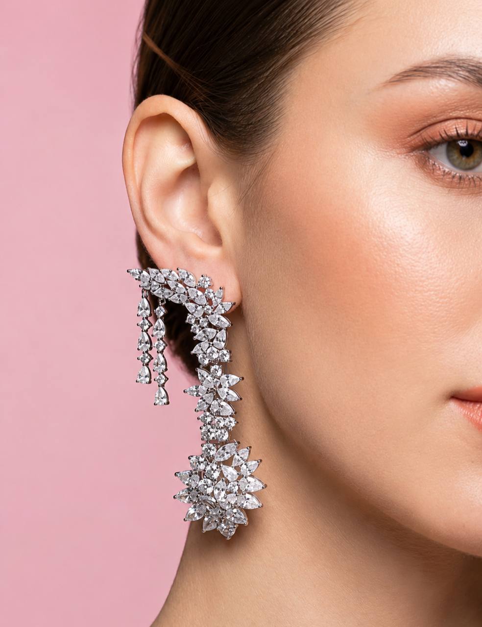 Omnia Aurora Floral Drip Earrings in 925 Silver with Pear and Marquise-Cut High-Quality Simulated Diamonds - OMNIASTORES KSA