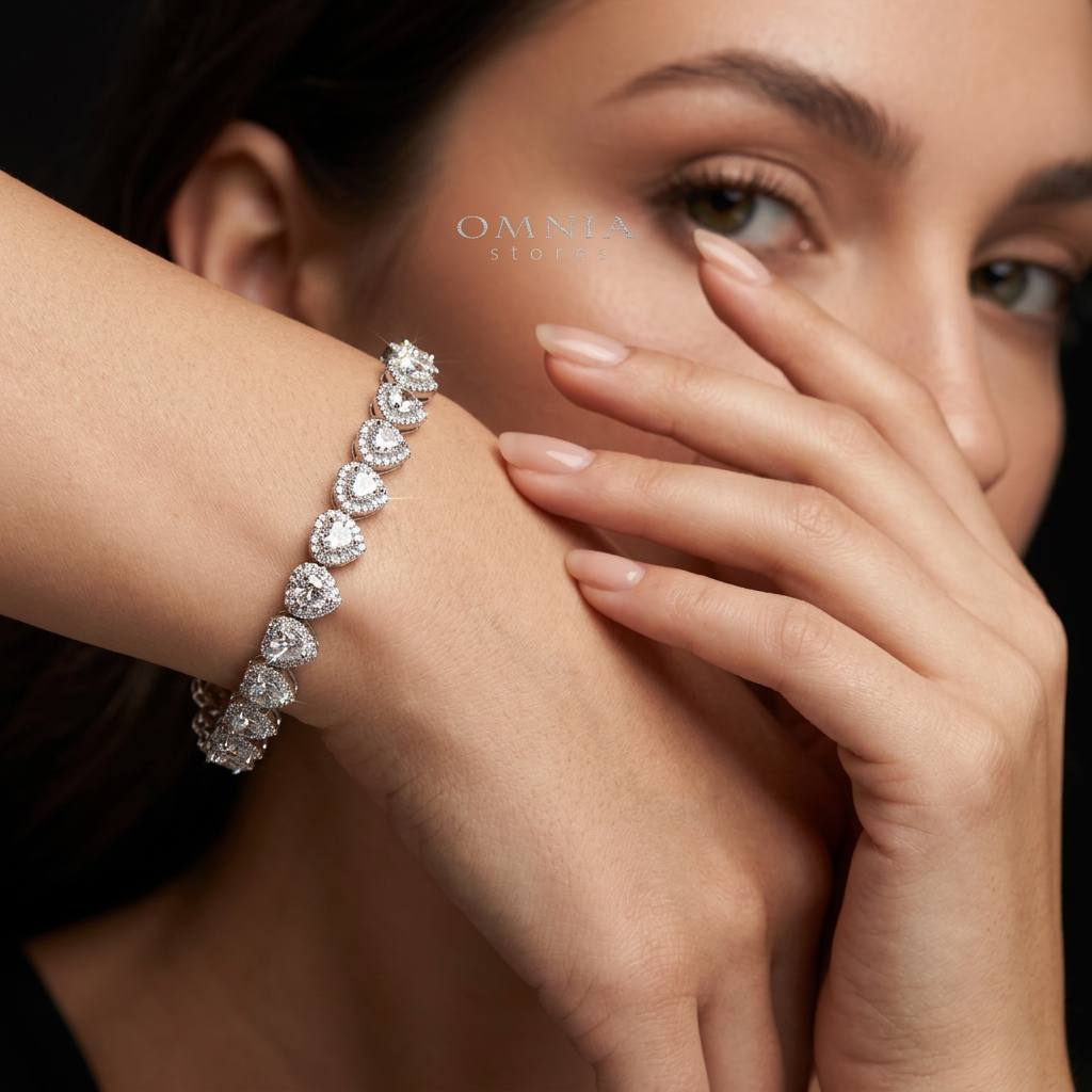 Omnia Ayeza Heart Silver Bracelet in 925 Silver High Quality Simulated Diamonds - OMNIASTORES KSA