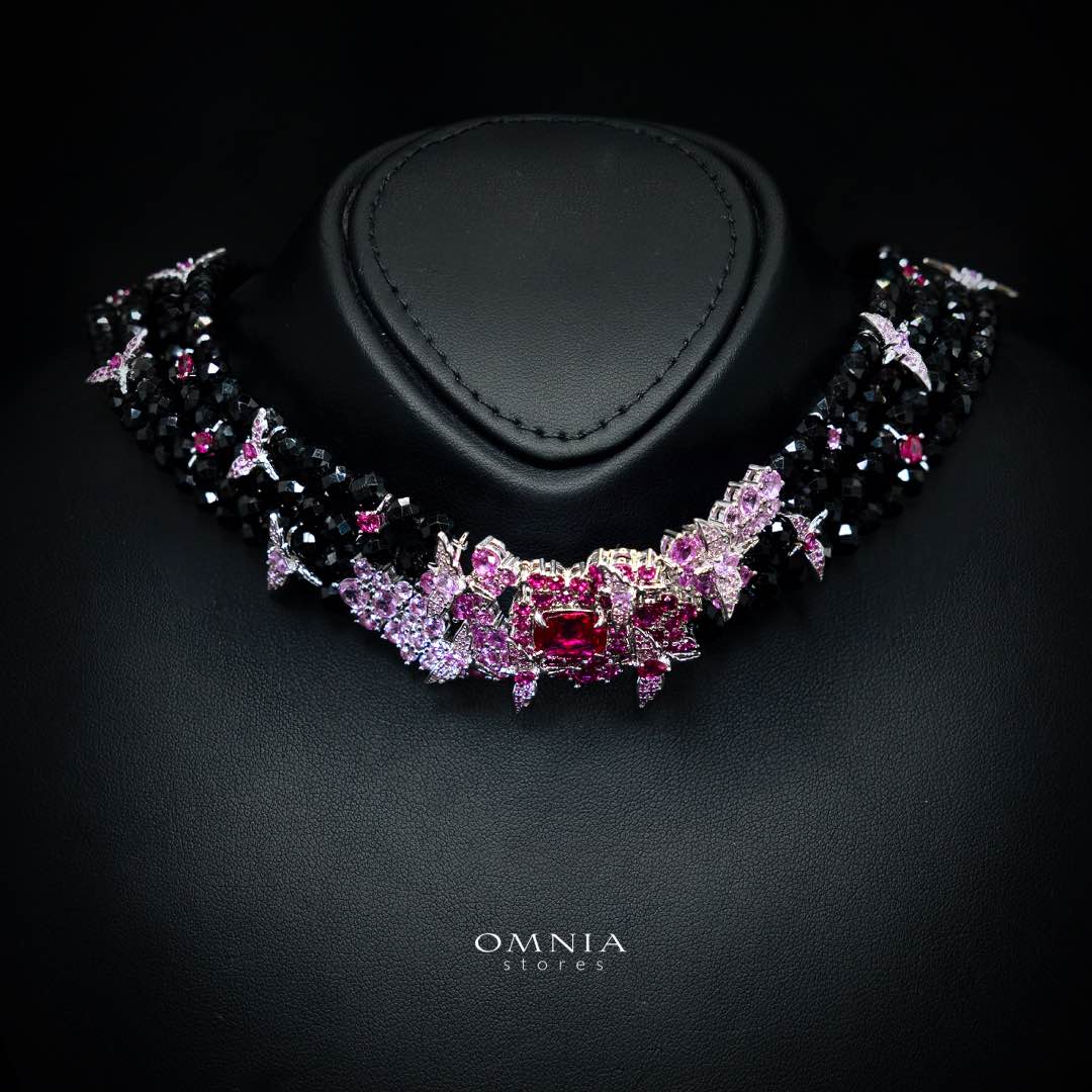Omnia Blossom Black Beads Necklace in 925 Silver with High Quality Simulated Diamonds - OMNIASTORES KSA