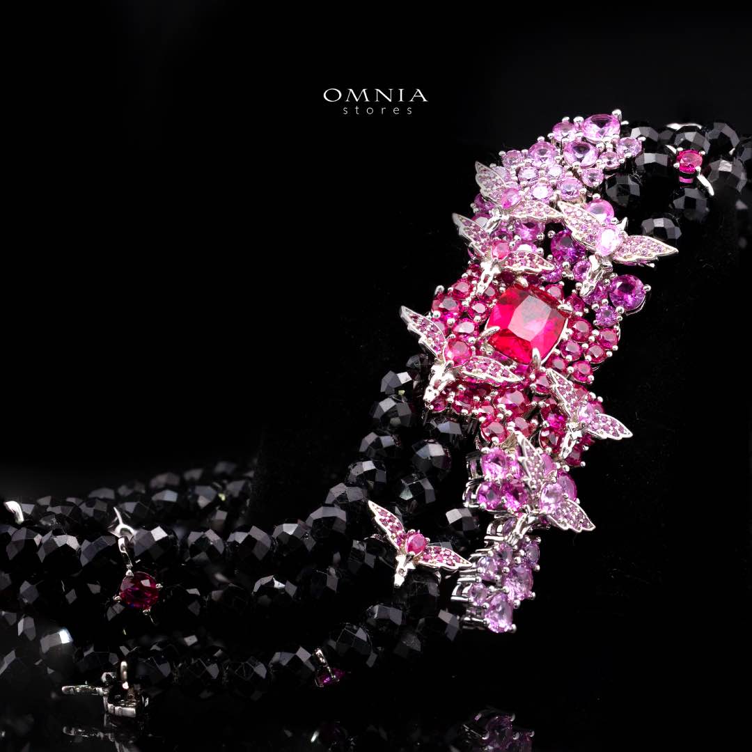 Omnia Blossom Black Beads Necklace in 925 Silver with High Quality Simulated Diamonds - OMNIASTORES KSA