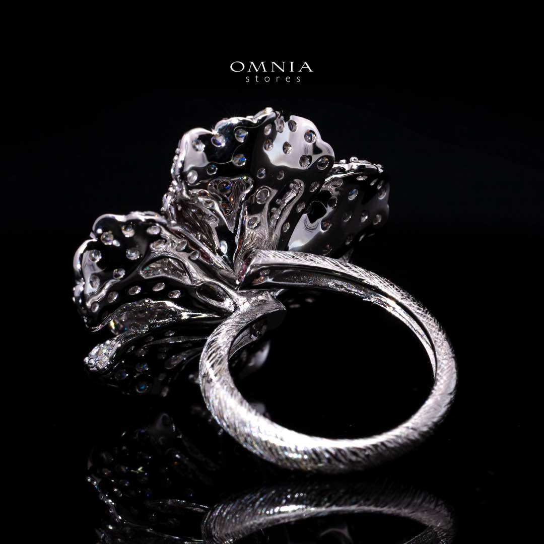 Omnia Sihab Pink Coral Flower Silver Ring in 925 Silver High Quality White Simulated Diamond Stones