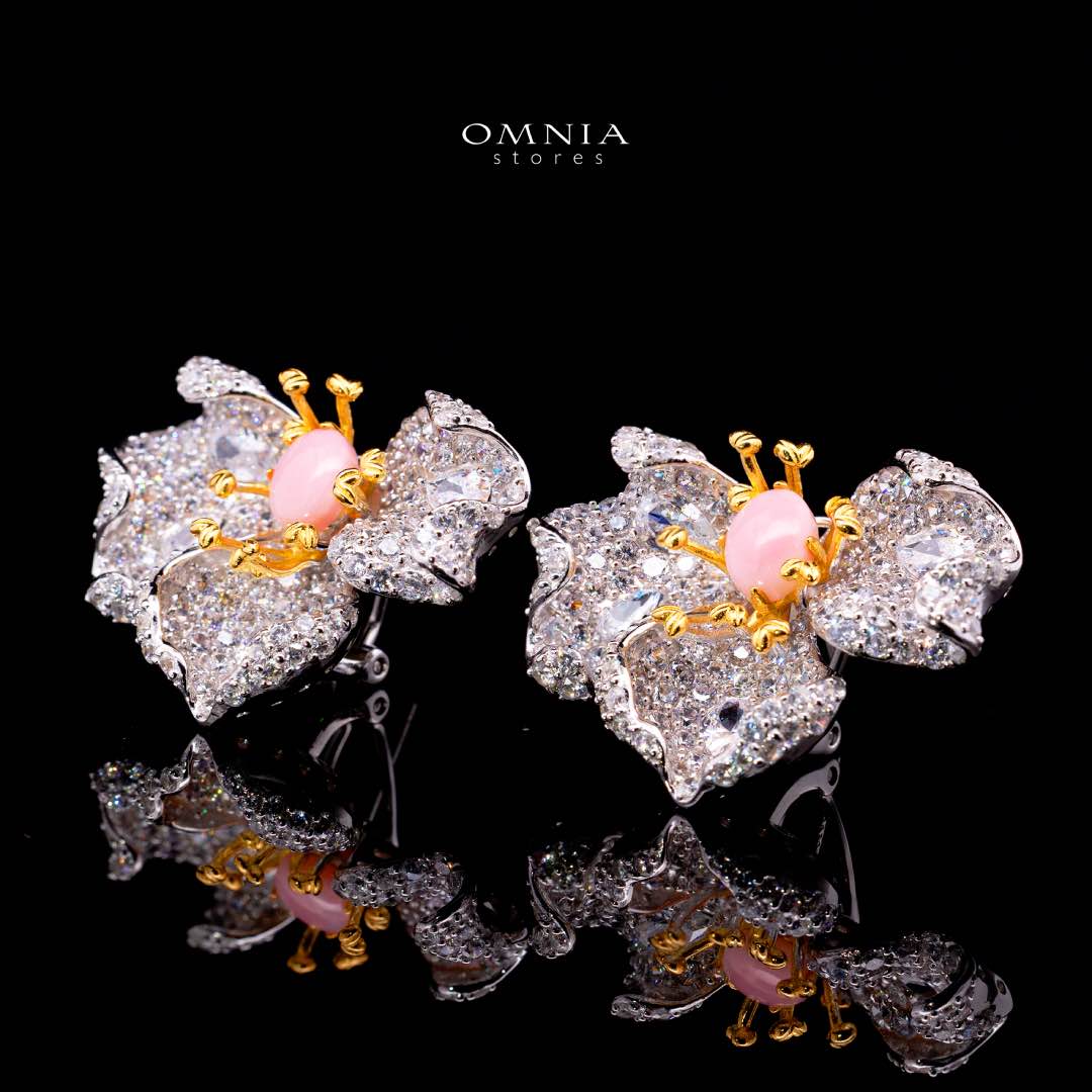 Omnia Fiora Pink Coral Flower Silver Clip Earrings in 925 Silver High Quality White Simulated Diamond Stones - OMNIASTORES KSA