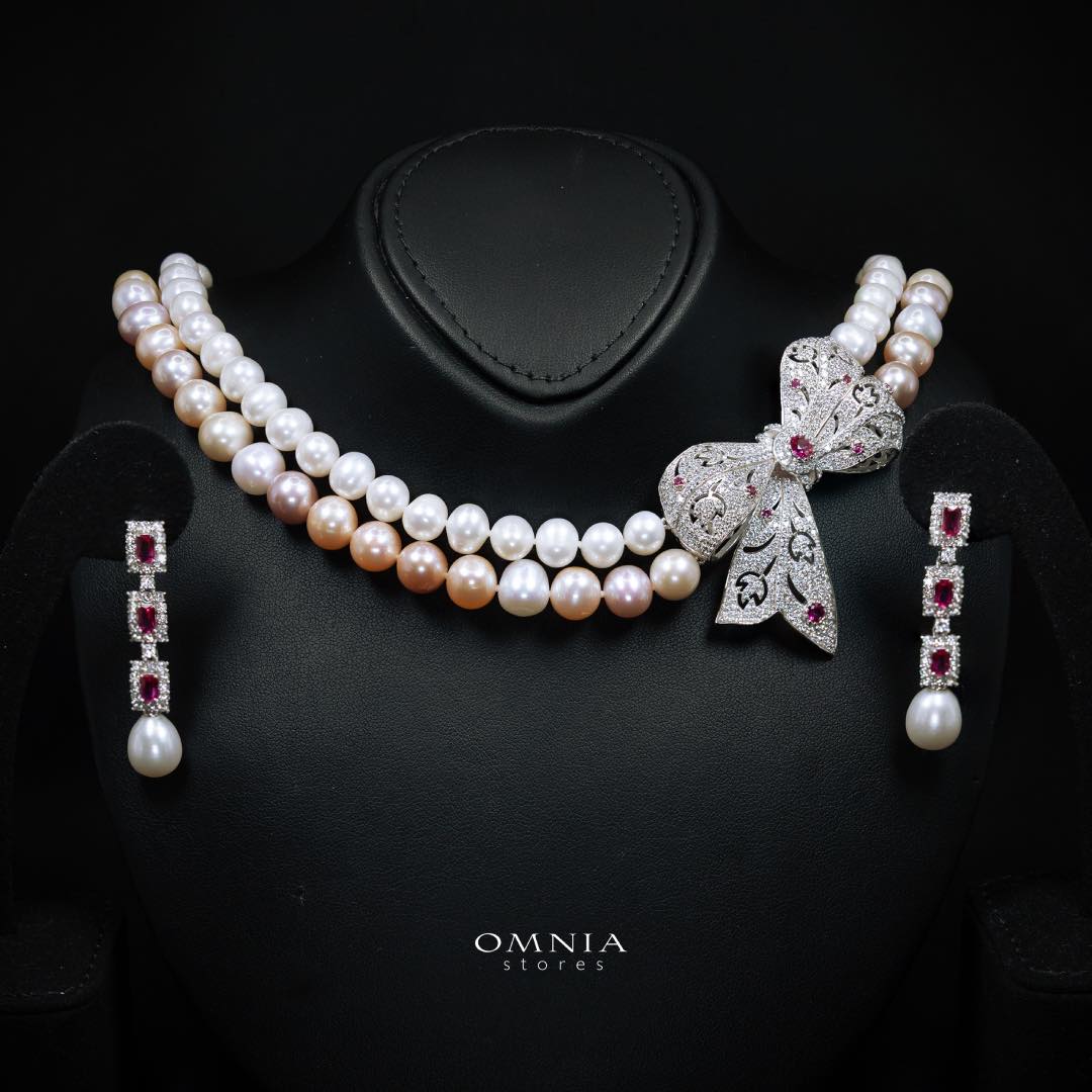 Omnia Arleth Multi-Color Real Pearl Set with Bow Accent and High-Quality Simulated Diamonds, Featuring a Double-Strand Design - OMNIASTORES KSA