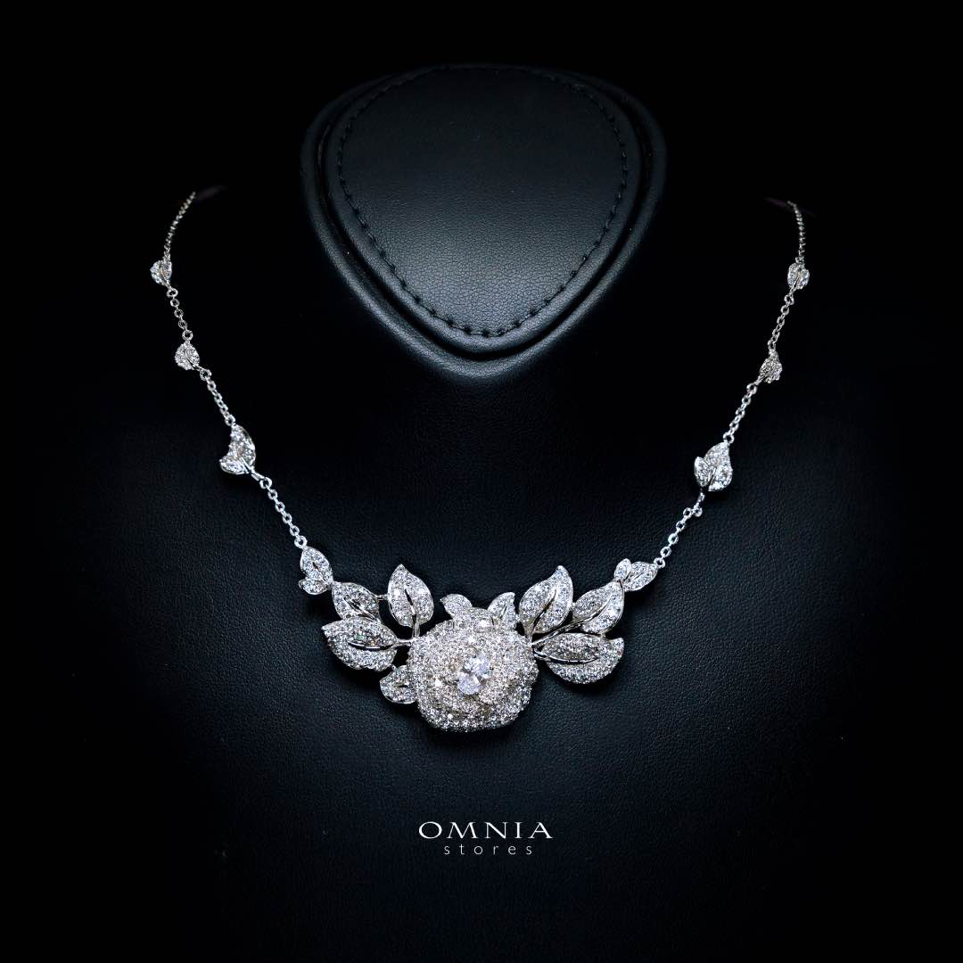Eiza Rose Leaf Necklace In 925 Silver With High Quality Simulated Diamonds