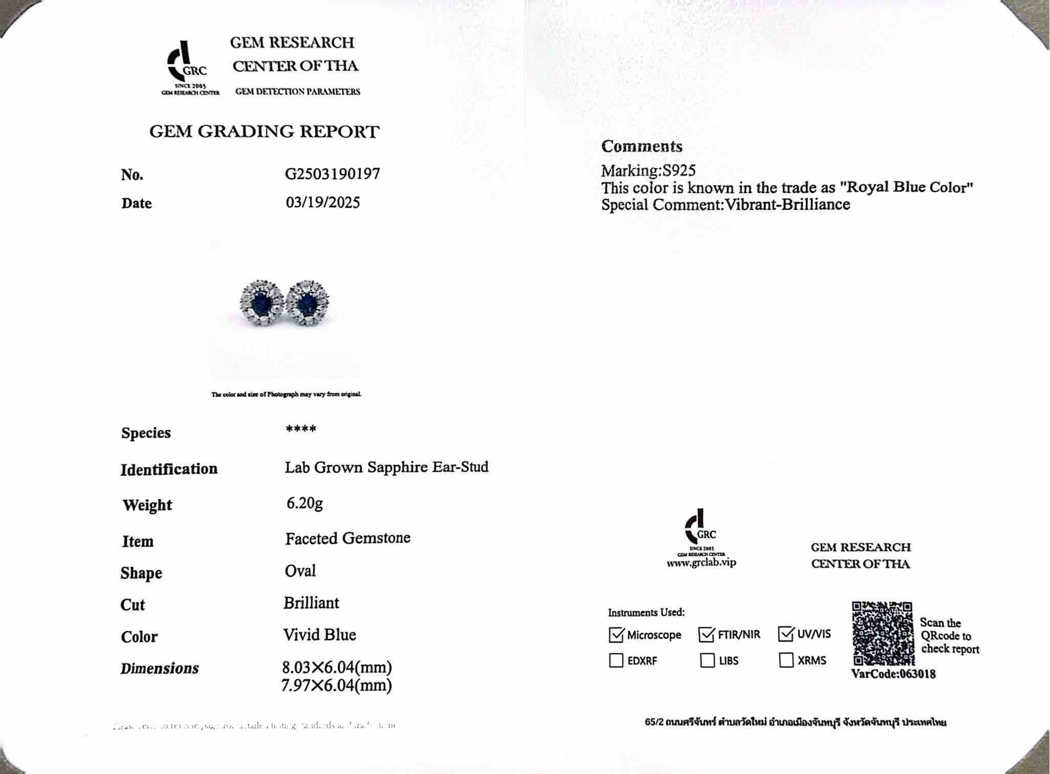 Jumana Lab Grown Sapphire Blue Stone With GRC Certified Earrings in 925 Silver