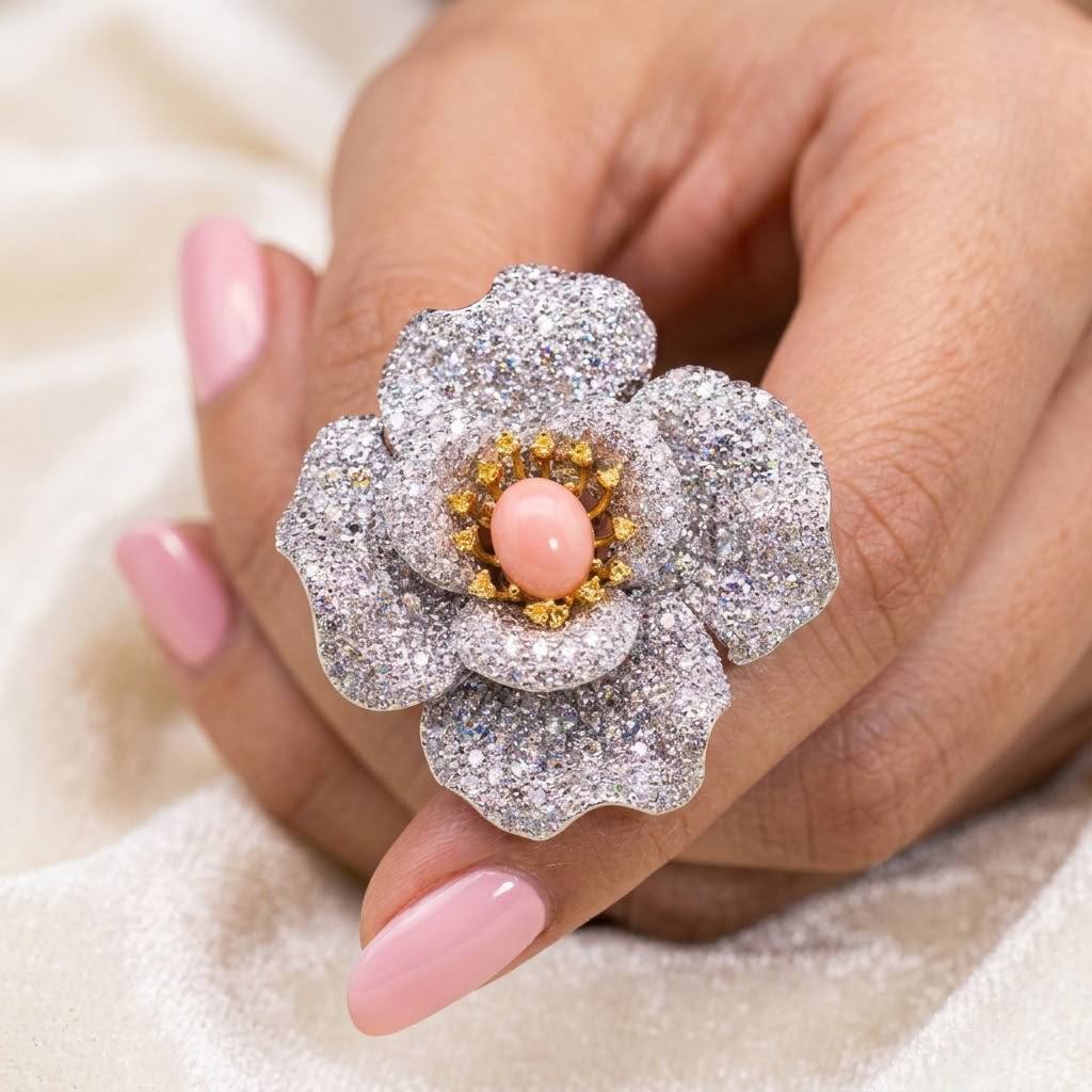 Omnia Ghaydaa Pink Coral Flower Silver Brooch in 925 Silver High Quality White Simulated Diamond Stones - OMNIASTORES KSA