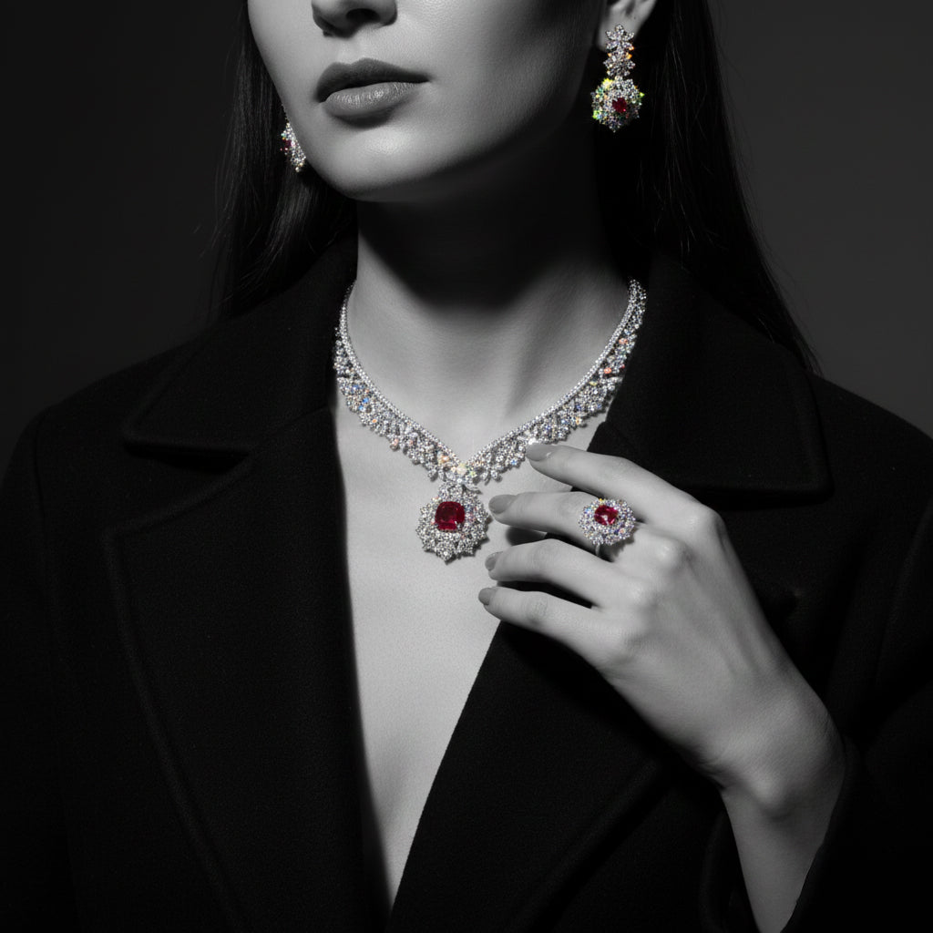 Omnia Alhan Necklace , Earrings & Ring Set in 925 Silver with Pear-Cut High-Quality Simulated Diamonds