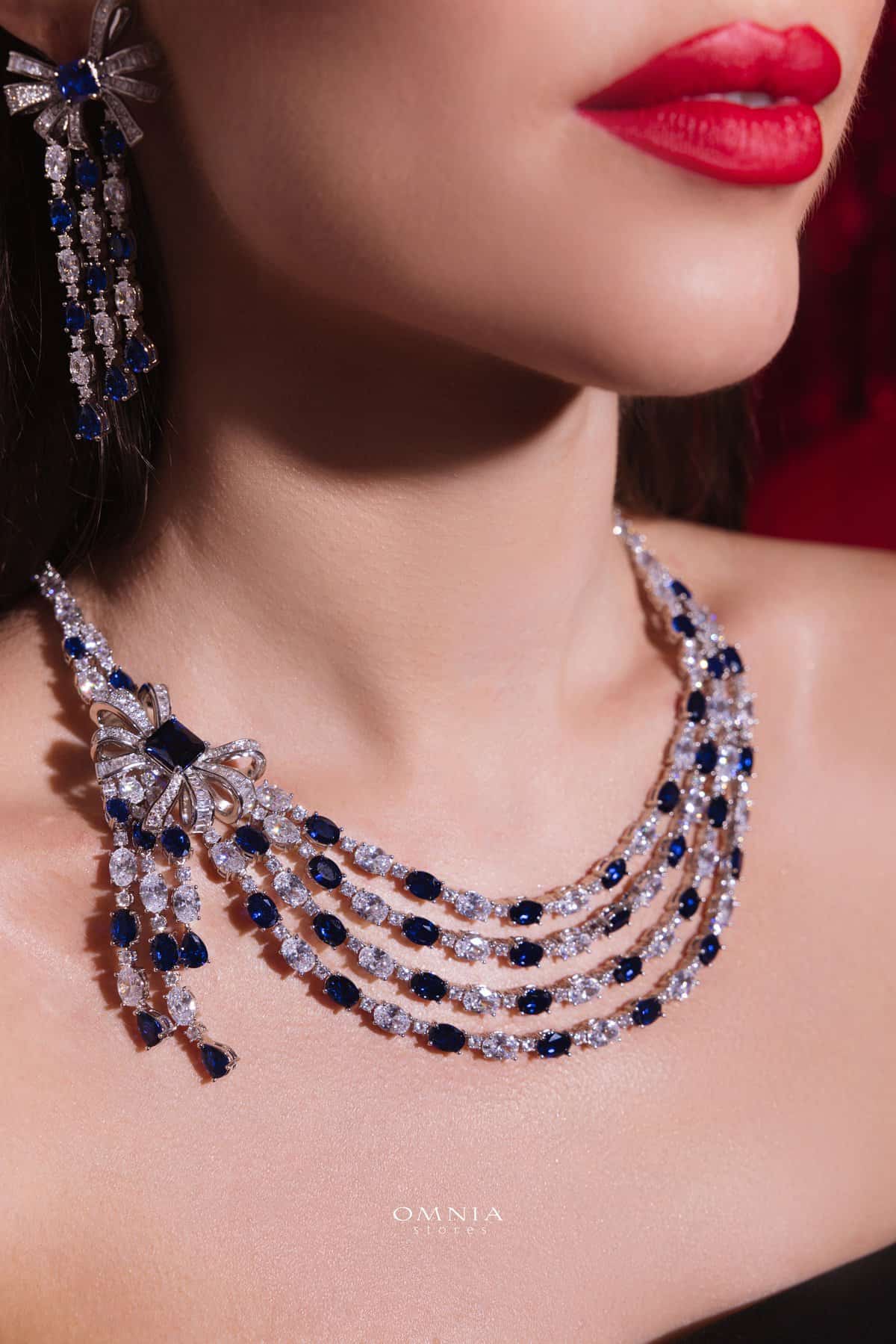 Omnia Mawada Blue Bridal Full Set with Elegant Bow-Accent Design and High-Quality Zircon Stones in Rhodium Plated Finish