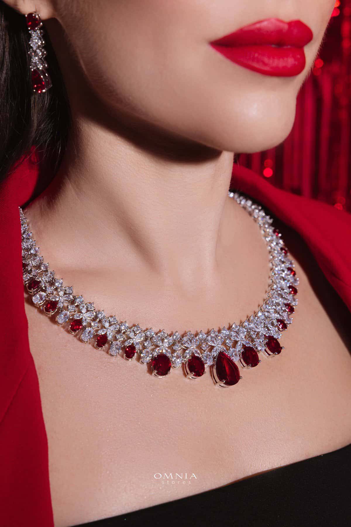 Omnia Suhana Red Bridal Full Set in High Quality Simulated Diamonds - OMNIASTORES UAE